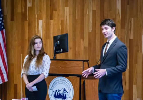 Two students presenting their Ideas to Action project 